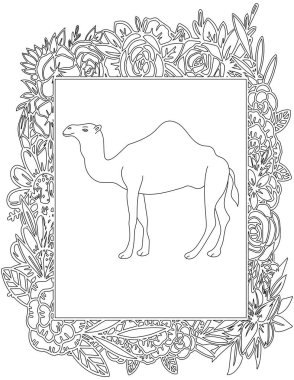 Çiçekli Çerçeve Boyama Sayfasında Deve. Çocuklar ve Yetişkinler için Yazdırılabilir Renk Çalışma Kağıdı. Okul için Eğitim Kaynakları.