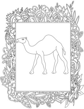 Çiçekli Çerçeve Boyama Sayfasında Deve. Çocuklar ve Yetişkinler için Yazdırılabilir Renk Çalışma Kağıdı. Okul için Eğitim Kaynakları.