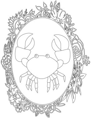 Çiçekli Çerçeve Boyama Sayfasında Yengeç. Çocuklar ve Yetişkinler için Yazdırılabilir Renk Çalışma Kağıdı. Okul için Eğitim Kaynakları.