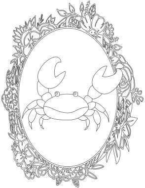 Çiçekli Çerçeve Boyama Sayfasında Yengeç. Çocuklar ve Yetişkinler için Yazdırılabilir Renk Çalışma Kağıdı. Okul için Eğitim Kaynakları.