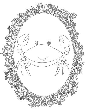 Çiçekli Çerçeve Boyama Sayfasında Yengeç. Çocuklar ve Yetişkinler için Yazdırılabilir Renk Çalışma Kağıdı. Okul için Eğitim Kaynakları.