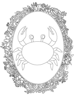 Çiçekli Çerçeve Boyama Sayfasında Yengeç. Çocuklar ve Yetişkinler için Yazdırılabilir Renk Çalışma Kağıdı. Okul için Eğitim Kaynakları.