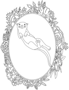 Çiçekli Çerçeve Boyama Sayfasında Su Samuru. Çocuklar ve Yetişkinler için Yazdırılabilir Renk Çalışma Kağıdı. Okul için Eğitim Kaynakları.