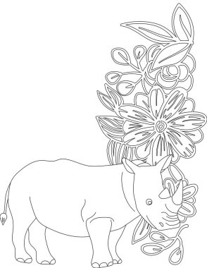 Çiçek Sarmaşığı Renk Sayfası 'ndaki Gergedan. Çocuklar ve Yetişkinler için Yazdırılabilir Renk Çalışma Kağıdı. Okul için Eğitim Kaynakları.