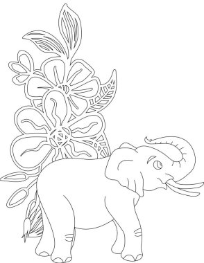 Çiçekli sarmaşık boyama sayfasındaki fil. Çocuklar ve Yetişkinler için Yazdırılabilir Renk Çalışma Kağıdı. Okul için Eğitim Kaynakları.