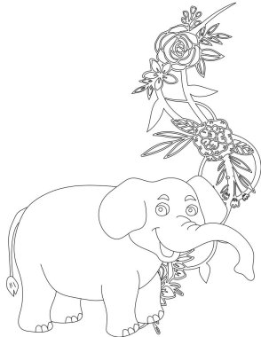 Çiçekli sarmaşık boyama sayfasındaki fil. Çocuklar ve Yetişkinler için Yazdırılabilir Renk Çalışma Kağıdı. Okul için Eğitim Kaynakları.