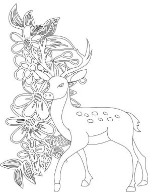Çiçekli sarmaşık boyama sayfasında geyik. Çocuklar ve Yetişkinler için Yazdırılabilir Renk Çalışma Kağıdı. Okul için Eğitim Kaynakları.