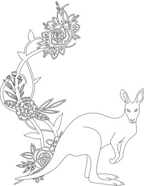 Çiçekli sarmaşık boyama sayfasında kanguru. Çocuklar ve Yetişkinler için Yazdırılabilir Renk Çalışma Kağıdı. Okul için Eğitim Kaynakları.