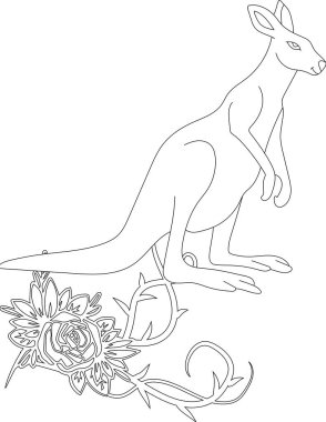 Çiçekli sarmaşık boyama sayfasında kanguru. Çocuklar ve Yetişkinler için Yazdırılabilir Renk Çalışma Kağıdı. Okul için Eğitim Kaynakları.