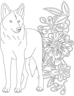Çiçekli sarmaşık boyama sayfasında bir kurt. Çocuklar ve Yetişkinler için Yazdırılabilir Renk Çalışma Kağıdı. Okul için Eğitim Kaynakları.