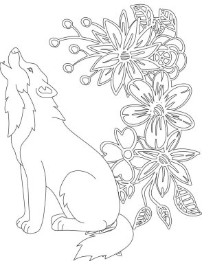 Çiçekli sarmaşık boyama sayfasında bir kurt. Çocuklar ve Yetişkinler için Yazdırılabilir Renk Çalışma Kağıdı. Okul için Eğitim Kaynakları.