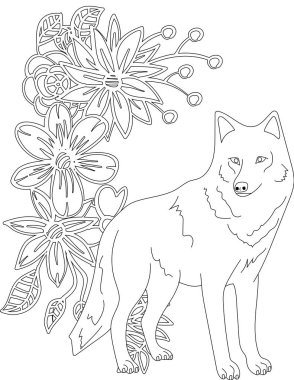 Çiçekli sarmaşık boyama sayfasında bir kurt. Çocuklar ve Yetişkinler için Yazdırılabilir Renk Çalışma Kağıdı. Okul için Eğitim Kaynakları.