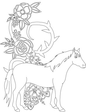 Çiçekli bir sarmaşık boyama sayfasında at. Çocuklar ve Yetişkinler için Yazdırılabilir Renk Çalışma Kağıdı. Okul için Eğitim Kaynakları.
