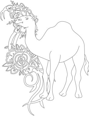 Çiçekli sarmaşık boyama sayfasında bir deve. Çocuklar ve Yetişkinler için Yazdırılabilir Renk Çalışma Kağıdı. Okul için Eğitim Kaynakları.