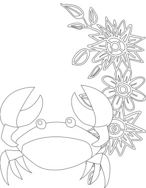 Çiçekli sarmaşık boyama sayfasında yengeç. Çocuklar ve Yetişkinler için Yazdırılabilir Renk Çalışma Kağıdı. Okul için Eğitim Kaynakları.