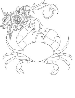 Çiçekli sarmaşık boyama sayfasında yengeç. Çocuklar ve Yetişkinler için Yazdırılabilir Renk Çalışma Kağıdı. Okul için Eğitim Kaynakları.