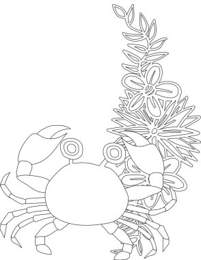 Çiçekli sarmaşık boyama sayfasında yengeç. Çocuklar ve Yetişkinler için Yazdırılabilir Renk Çalışma Kağıdı. Okul için Eğitim Kaynakları.