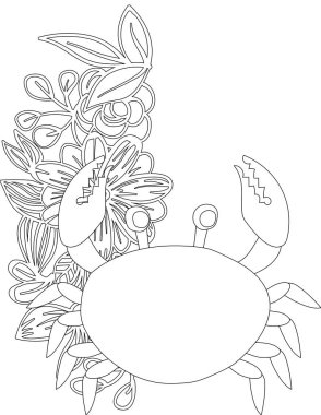 Çiçekli sarmaşık boyama sayfasında yengeç. Çocuklar ve Yetişkinler için Yazdırılabilir Renk Çalışma Kağıdı. Okul için Eğitim Kaynakları.