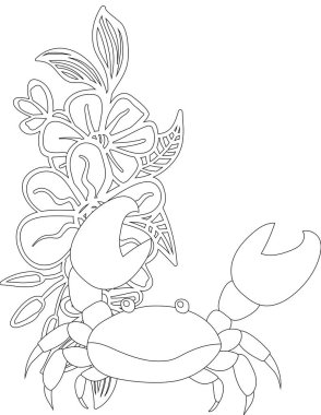 Çiçekli sarmaşık boyama sayfasında yengeç. Çocuklar ve Yetişkinler için Yazdırılabilir Renk Çalışma Kağıdı. Okul için Eğitim Kaynakları.