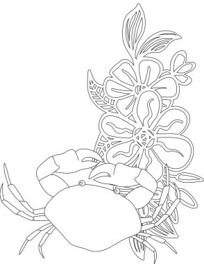 Çiçekli sarmaşık boyama sayfasında yengeç. Çocuklar ve Yetişkinler için Yazdırılabilir Renk Çalışma Kağıdı. Okul için Eğitim Kaynakları.