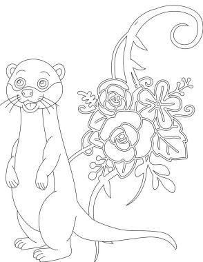 Çiçekli sarmaşık boyama sayfasında su samuru. Çocuklar ve Yetişkinler için Yazdırılabilir Renk Çalışma Kağıdı. Okul için Eğitim Kaynakları.