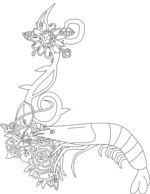 Çiçekli sarmaşık boyama sayfasında karides. Çocuklar ve Yetişkinler için Yazdırılabilir Renk Çalışma Kağıdı. Okul için Eğitim Kaynakları.