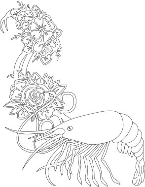 Çiçekli sarmaşık boyama sayfasında karides. Çocuklar ve Yetişkinler için Yazdırılabilir Renk Çalışma Kağıdı. Okul için Eğitim Kaynakları.