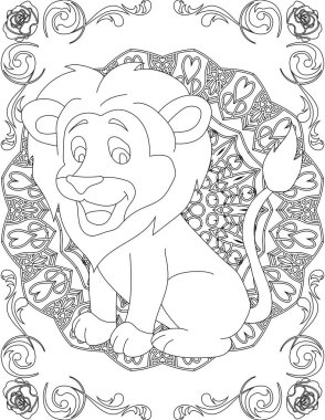 Aslan ve Mandala Renk Sayfası. Çocuklar ve Yetişkinler için Yazdırılabilir Renk Çalışma Kağıdı. Okul için Eğitim Kaynakları.