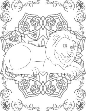 Aslan ve Mandala Renk Sayfası. Çocuklar ve Yetişkinler için Yazdırılabilir Renk Çalışma Kağıdı. Okul için Eğitim Kaynakları.