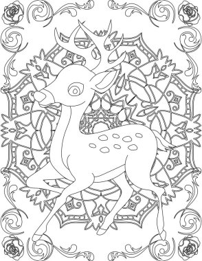 Geyik ve Mandala Boyama Sayfası. Çocuklar ve Yetişkinler için Yazdırılabilir Renk Çalışma Kağıdı. Okul için Eğitim Kaynakları.