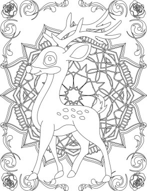 Geyik ve Mandala Boyama Sayfası. Çocuklar ve Yetişkinler için Yazdırılabilir Renk Çalışma Kağıdı. Okul için Eğitim Kaynakları.