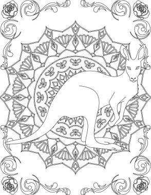 Kanguru ve Mandala Renk Sayfası. Çocuklar ve Yetişkinler için Yazdırılabilir Renk Çalışma Kağıdı. Okul için Eğitim Kaynakları.