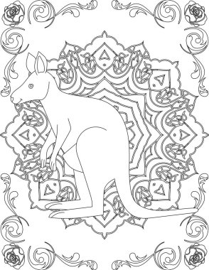 Kanguru ve Mandala Renk Sayfası. Çocuklar ve Yetişkinler için Yazdırılabilir Renk Çalışma Kağıdı. Okul için Eğitim Kaynakları.