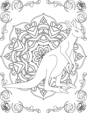 Kanguru ve Mandala Renk Sayfası. Çocuklar ve Yetişkinler için Yazdırılabilir Renk Çalışma Kağıdı. Okul için Eğitim Kaynakları.