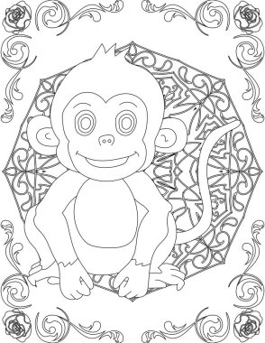Maymun ve Mandala Renk Sayfası. Çocuklar ve Yetişkinler için Yazdırılabilir Renk Çalışma Kağıdı. Okul için Eğitim Kaynakları.