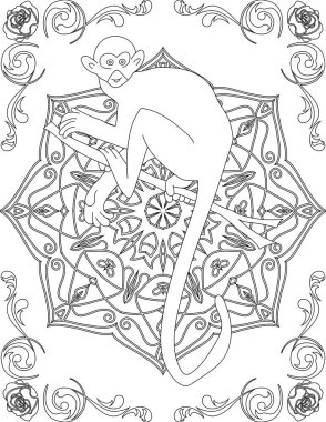 Maymun ve Mandala Renk Sayfası. Çocuklar ve Yetişkinler için Yazdırılabilir Renk Çalışma Kağıdı. Okul için Eğitim Kaynakları.