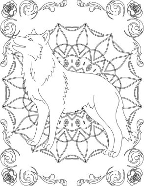 Wolf ve Mandala Renk Sayfası. Çocuklar ve Yetişkinler için Yazdırılabilir Renk Çalışma Kağıdı. Okul için Eğitim Kaynakları.