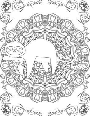 Sloth ve Mandala Renk Sayfası. Çocuklar ve Yetişkinler için Yazdırılabilir Renk Çalışma Kağıdı. Okul için Eğitim Kaynakları.