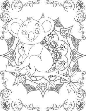 Koala ve Mandala Renk Sayfası. Çocuklar ve Yetişkinler için Yazdırılabilir Renk Çalışma Kağıdı. Okul için Eğitim Kaynakları.