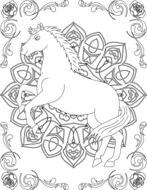 At ve Mandala Renklendirme Sayfası. Çocuklar ve Yetişkinler için Yazdırılabilir Renk Çalışma Kağıdı. Okul için Eğitim Kaynakları.