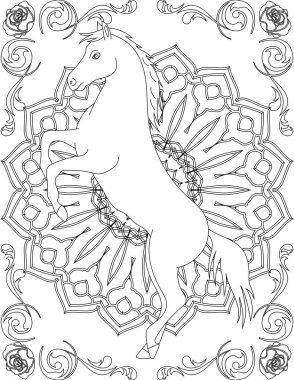 At ve Mandala Renklendirme Sayfası. Çocuklar ve Yetişkinler için Yazdırılabilir Renk Çalışma Kağıdı. Okul için Eğitim Kaynakları.