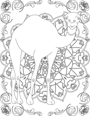 Deve ve Mandala Renklendirme Sayfası. Çocuklar ve Yetişkinler için Yazdırılabilir Renk Çalışma Kağıdı. Okul için Eğitim Kaynakları.