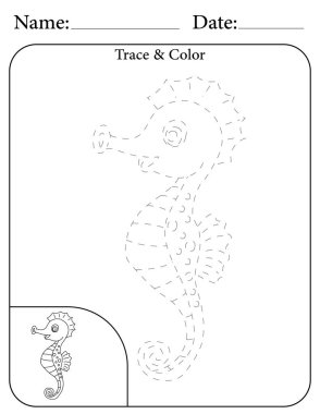 Deniz atı Bilmecesi. Çocuklar için Yazdırılabilir Faaliyet Çalışma Tablosu. Okul için Eğitim Kaynakları. Nesneyi İzle ve Renklendir