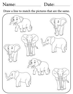 Fil Bilmecesi. Çocuklar için Yazdırılabilir Faaliyet Çalışma Tablosu. Okul için Eğitim Kaynakları. Benzer Nesneleri Eşleştir