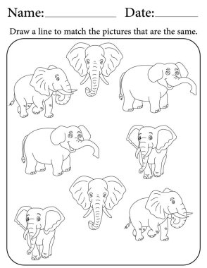 Fil Bilmecesi. Çocuklar için Yazdırılabilir Faaliyet Çalışma Tablosu. Okul için Eğitim Kaynakları. Benzer Nesneleri Eşleştir