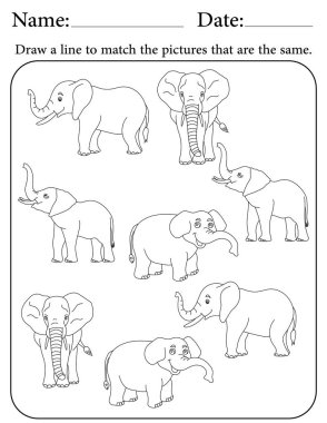 Fil Bilmecesi. Çocuklar için Yazdırılabilir Faaliyet Çalışma Tablosu. Okul için Eğitim Kaynakları. Benzer Nesneleri Eşleştir