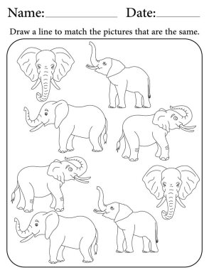 Fil Bilmecesi. Çocuklar için Yazdırılabilir Faaliyet Çalışma Tablosu. Okul için Eğitim Kaynakları. Benzer Nesneleri Eşleştir