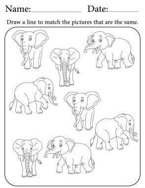 Fil Bilmecesi. Çocuklar için Yazdırılabilir Faaliyet Çalışma Tablosu. Okul için Eğitim Kaynakları. Benzer Nesneleri Eşleştir