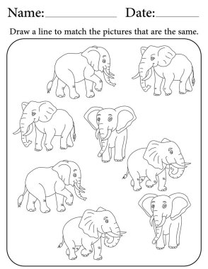 Fil Bilmecesi. Çocuklar için Yazdırılabilir Faaliyet Çalışma Tablosu. Okul için Eğitim Kaynakları. Benzer Nesneleri Eşleştir