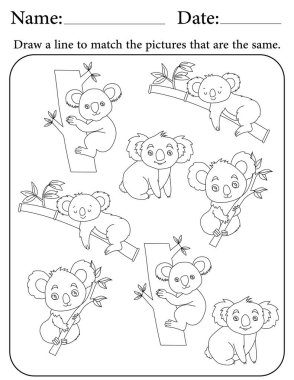 Koala Bulmacası. Çocuklar için Yazdırılabilir Faaliyet Çalışma Tablosu. Okul için Eğitim Kaynakları. Benzer Nesneleri Eşleştir